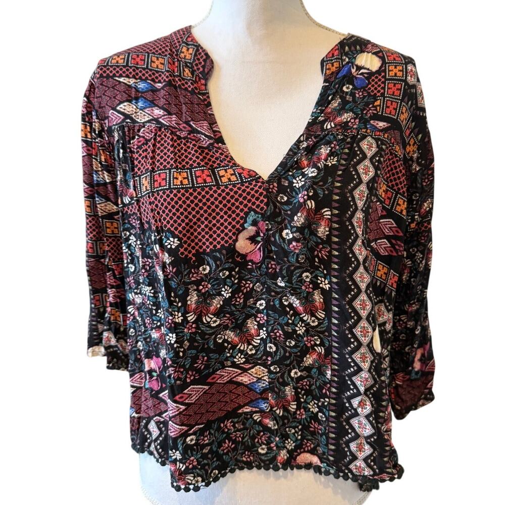 Jaase Bohemian Print Peasant Top Black Batik Print L
